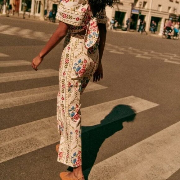 NWT Sezane X Farm Rio Tiago Crop Linen Blend Pant Romantic Garden 42/US Size 10 - Picture 4 of 16